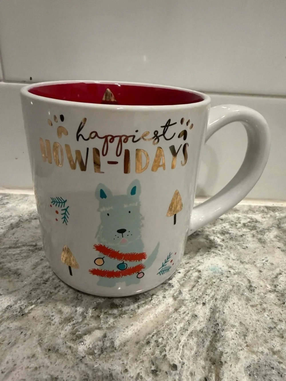 White and Red Holiday Dog Ceramic Coffee Mug